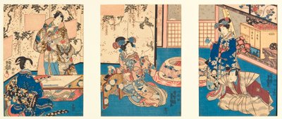 Tinte mahlen, um einen Antwortbrief zu schreiben, inspiriert vom Inaka Genji, 1851 (Holzschnitt) von Utagawa Kunisada